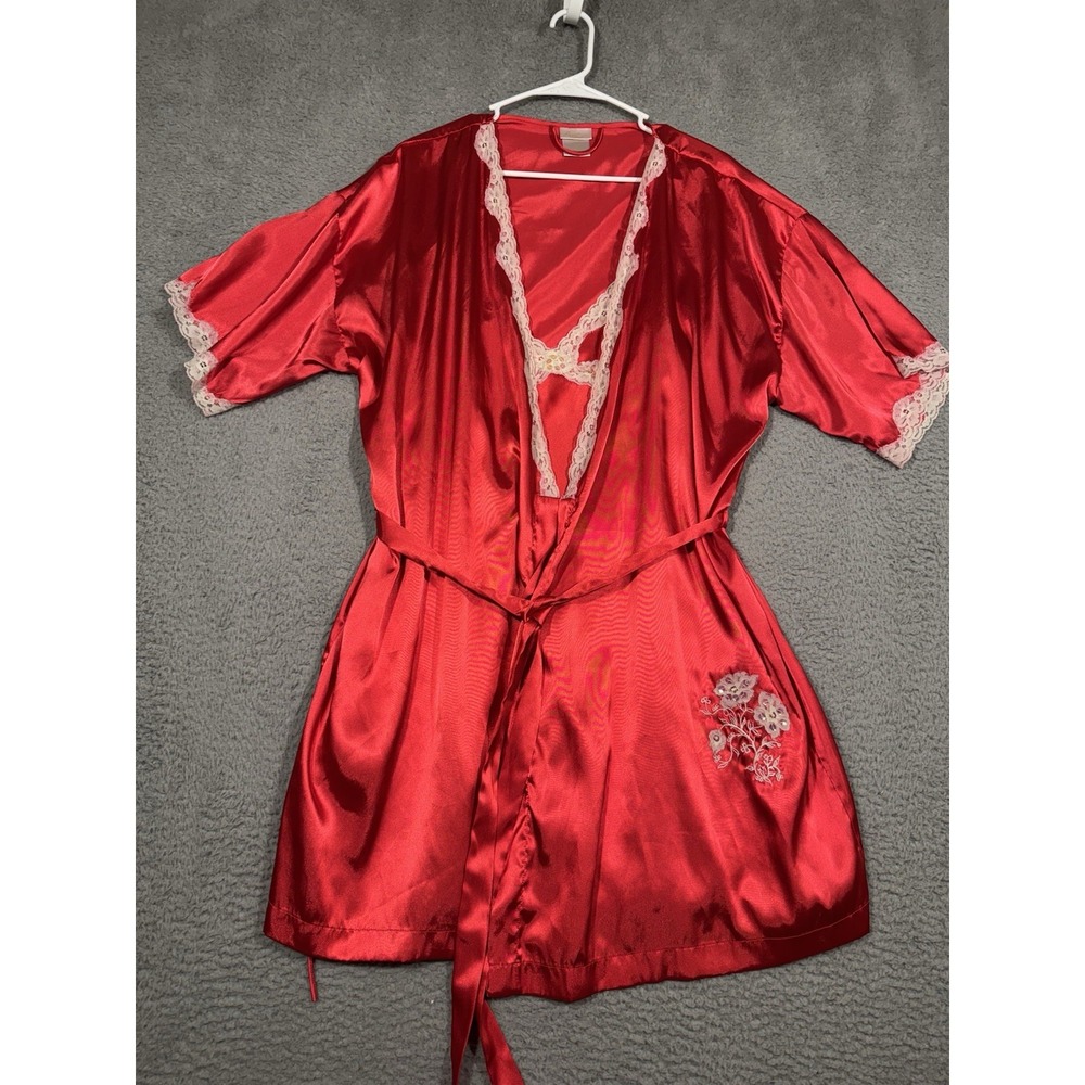 Vintage Secret Treasures‎ Satin Gown & Robe Red Lace Trimmed Chemise Large L